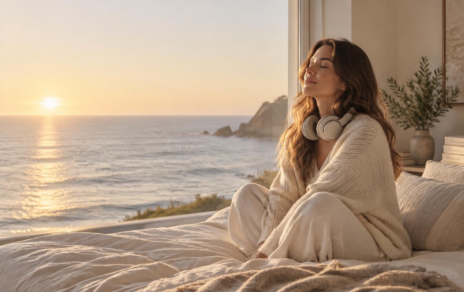 A woman resting peacefully by a sunlit window overlooking the ocean